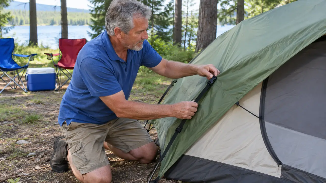 An older man kneeling beside a dome tent, adjusting the rainfly strap