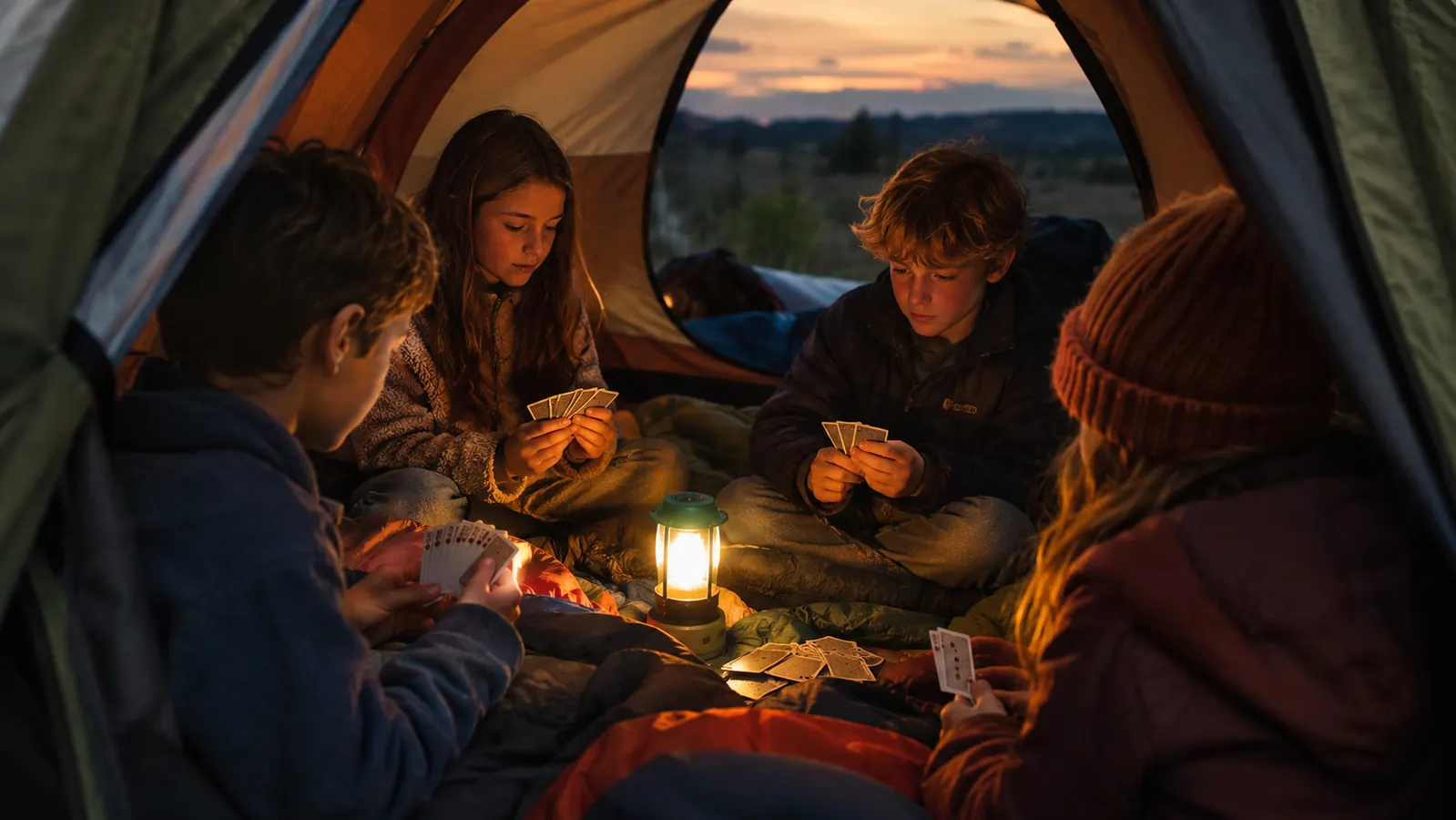 Kids playing cards inside a dome tent at dusk, lit by a camping lantern