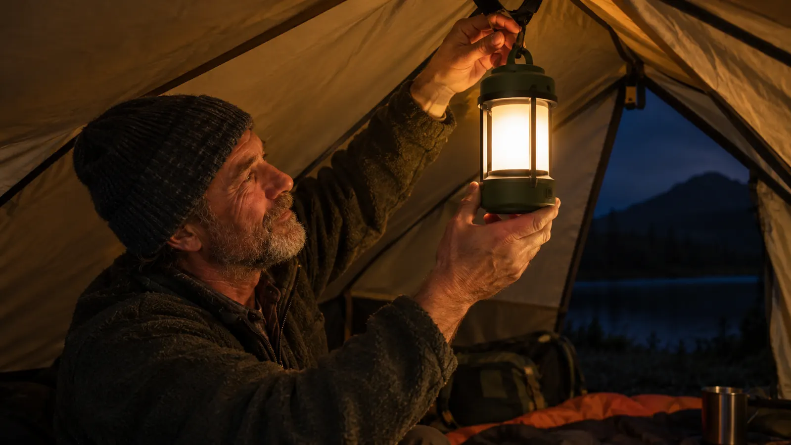 A hand hanging a glowing lantern from a hook inside a tent at night