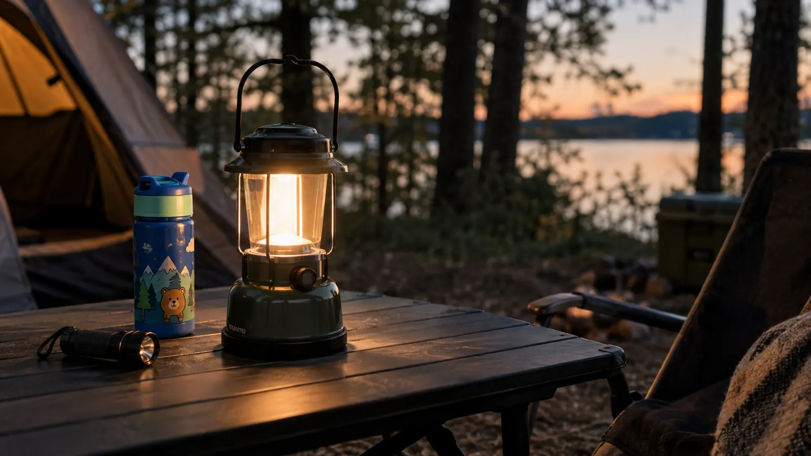 A lantern sitting on a camp table next to a child's water bottle and a flashlight at dusk