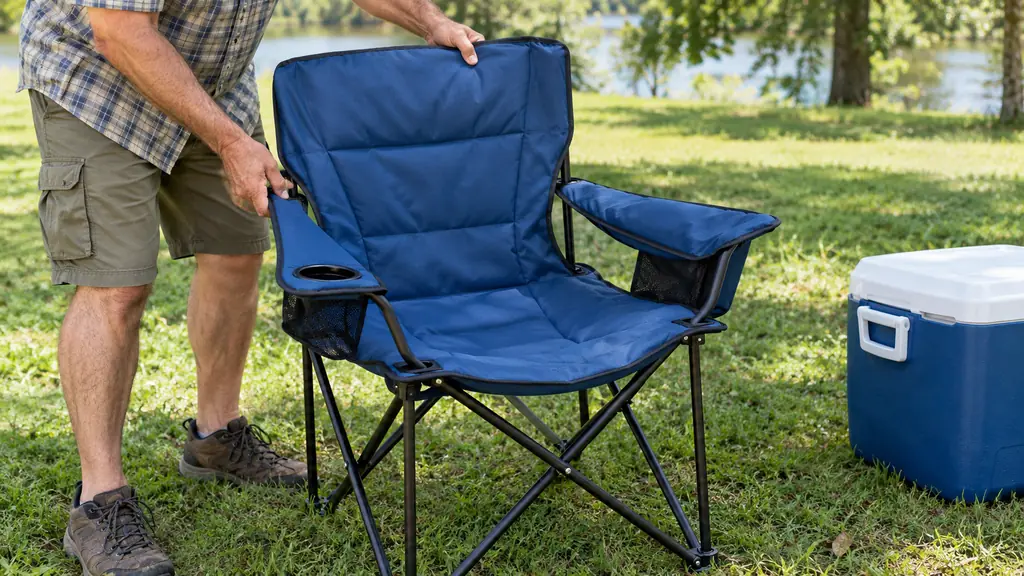 A person's hands opening a padded camp chair on grass beside a cooler