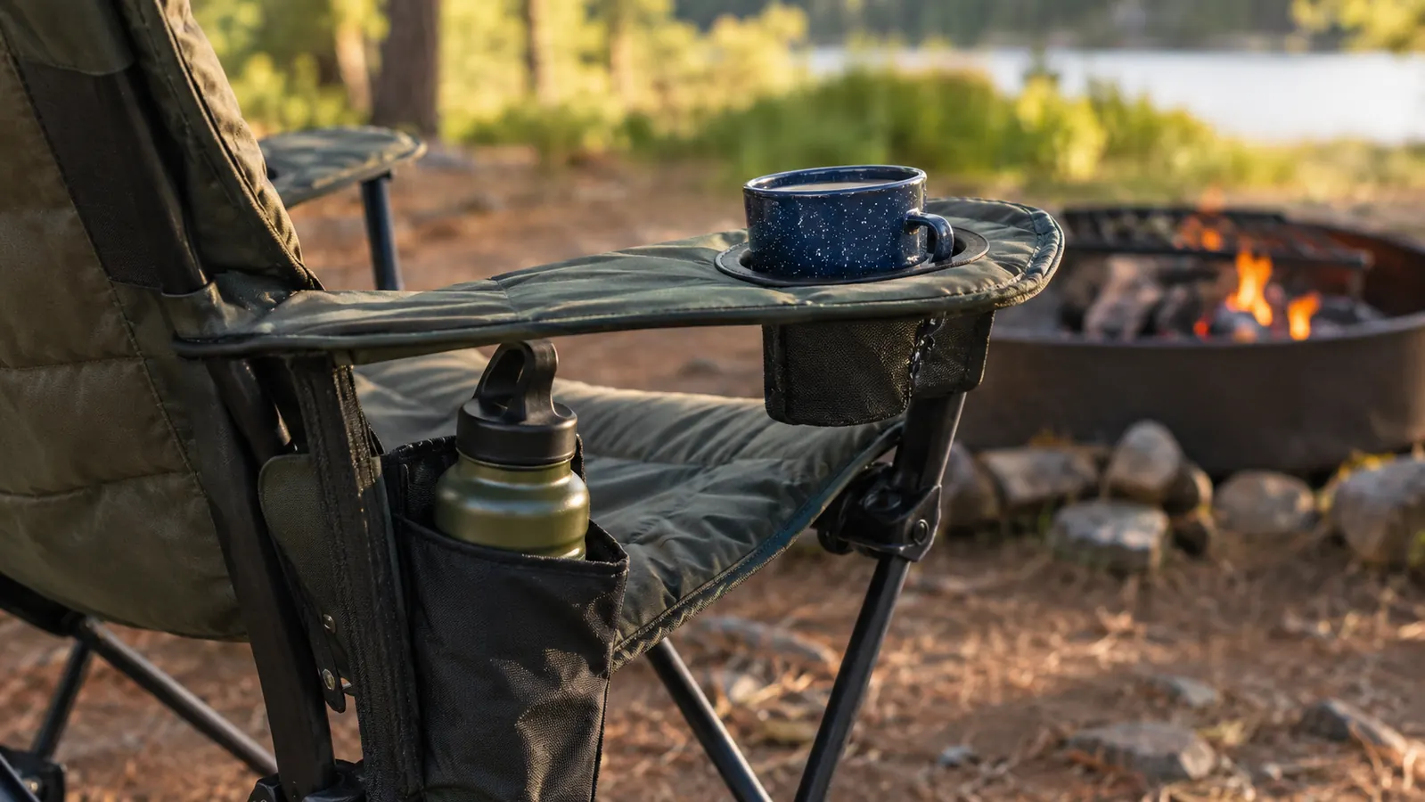 A padded camp chair with a cup holder and a small side pocket holding a water bottle