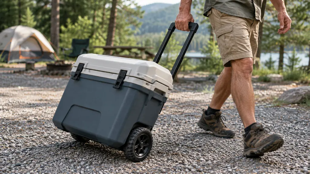 A hand grips the handle of a wheeled hard cooler while it rolls over packed gravel