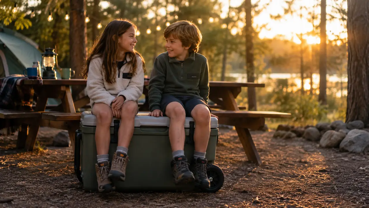 Two kids sit on the closed lid of a wheeled cooler at a campsite picnic table