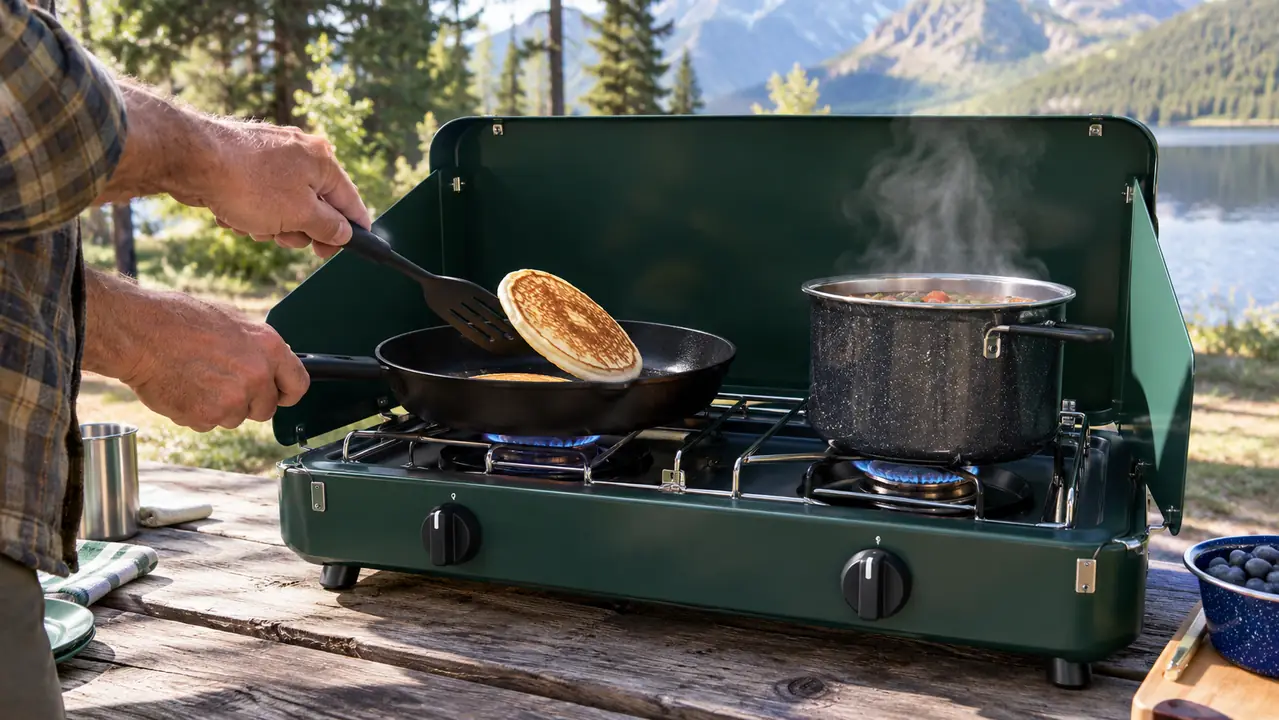 Hands flipping pancakes in a skillet on a two-burner camp stove at a campsite picnic table, a pot on the second burner