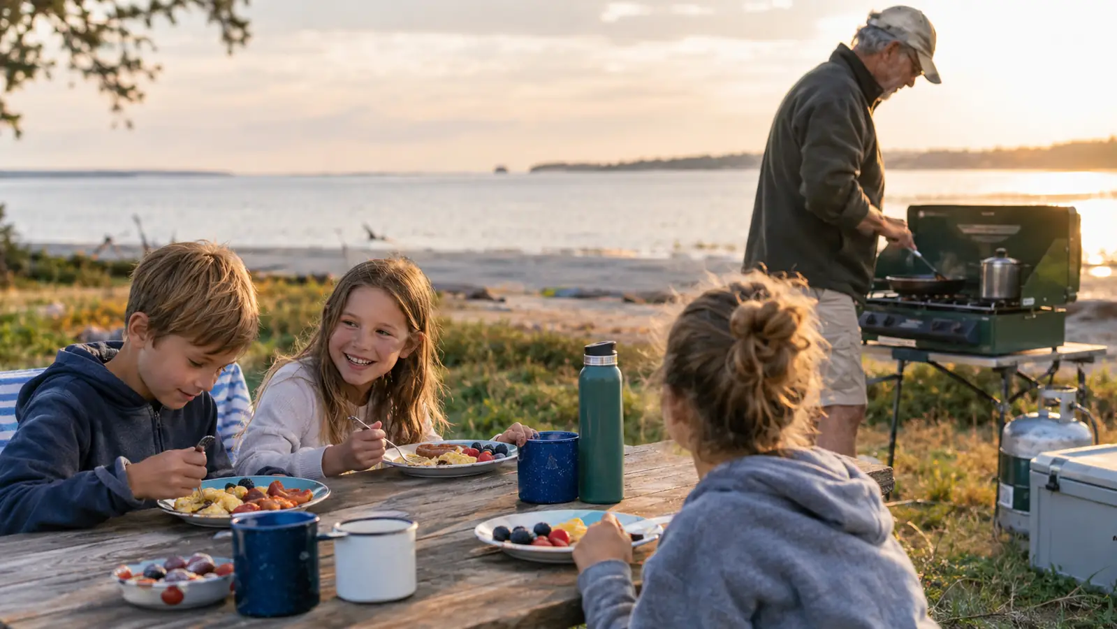 Kids sitting at a picnic table with plates of food while an older man tends a two-burner camp stove at a beach campsite