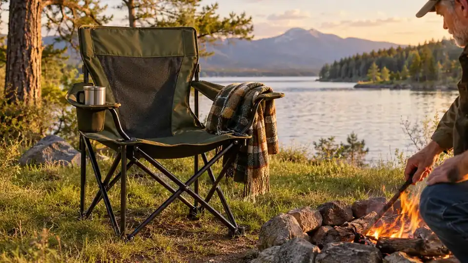 A padded camp chair with a cup holder and side pocket set up next to a campfire ring