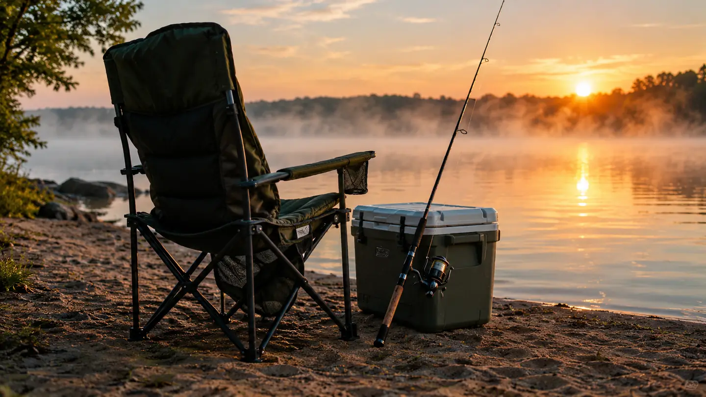 A camp chair with a tall back and thick padded seat facing a lake at sunrise