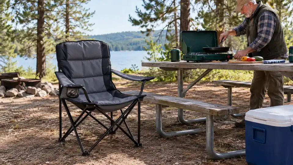 A large padded camp chair set up next to a picnic table with a camp stove and a cooler