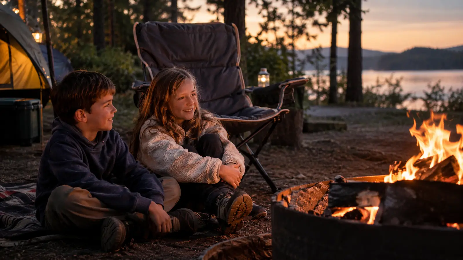 Children sitting on the ground near a padded camp chair by a campfire at dusk at a campground