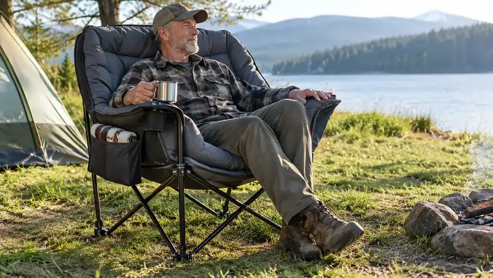 A large padded camp chair with a cup holder and a side pocket set up on a grassy campsite