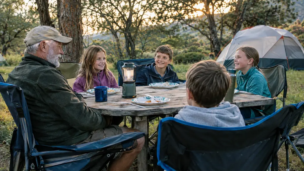 Family members relaxing in padded camp chairs around a picnic table at a campground
