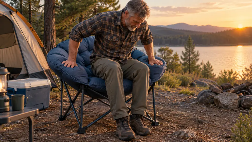A person settling into an oversized padded camp chair at a campsite, hands gripping the padded armrests, a cooler beside them