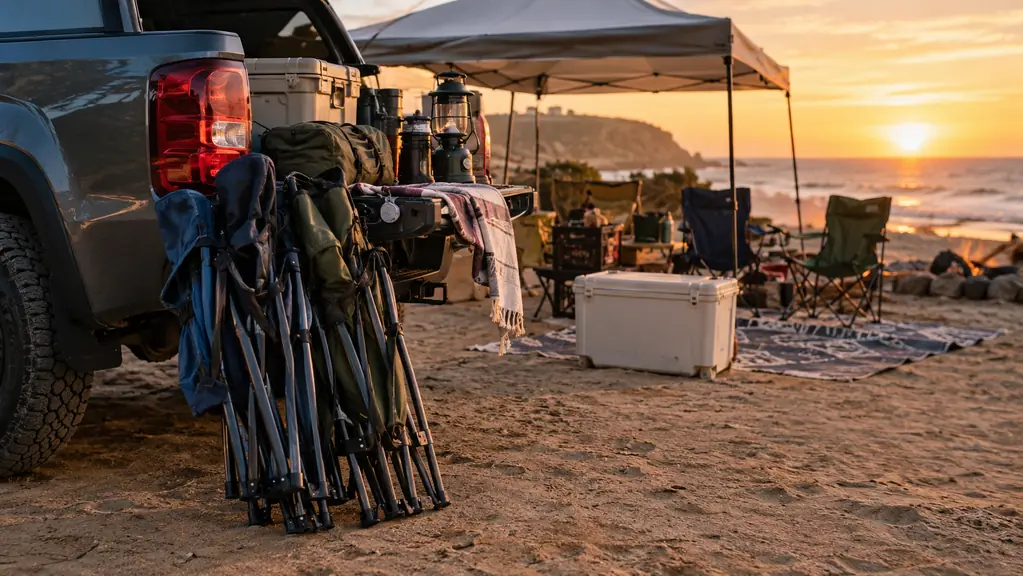 Folded camp chairs leaning against the tailgate of a pickup truck at a campsite, camping gear and a canopy around