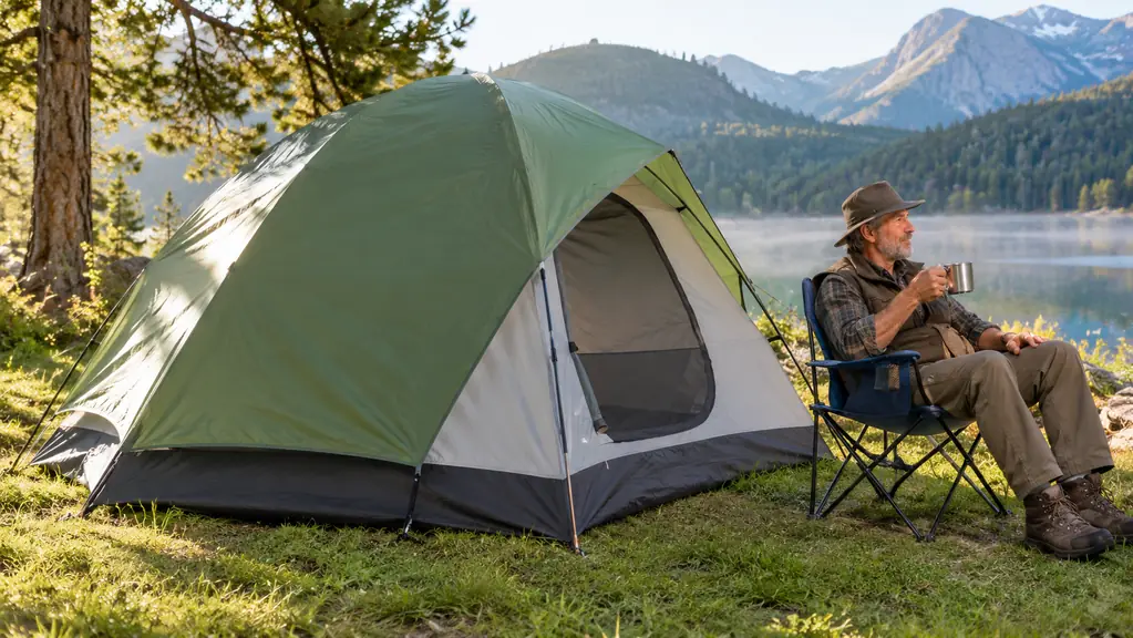 A large dome tent set up on a grassy campsite with the rainfly attached, viewed from the side