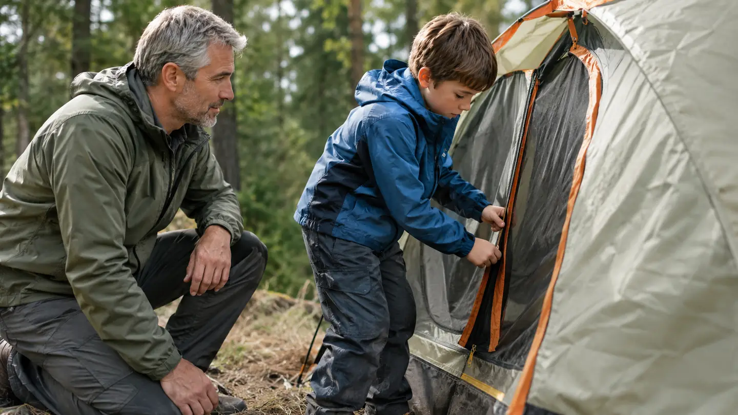 A child zipping the door of a dome tent while an older man kneels beside it