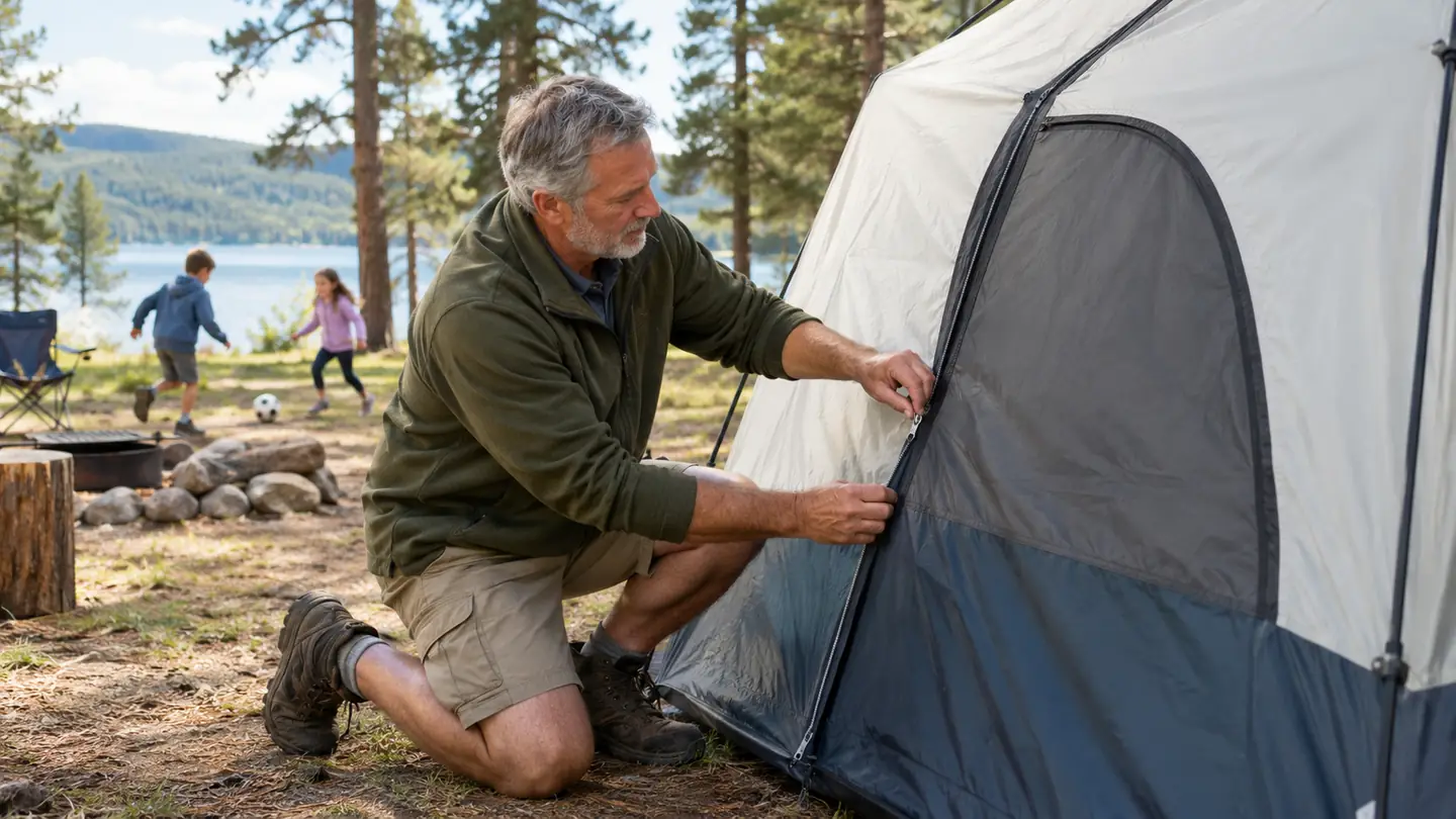 An older man kneeling to zip a dome tent door shut at a campsite