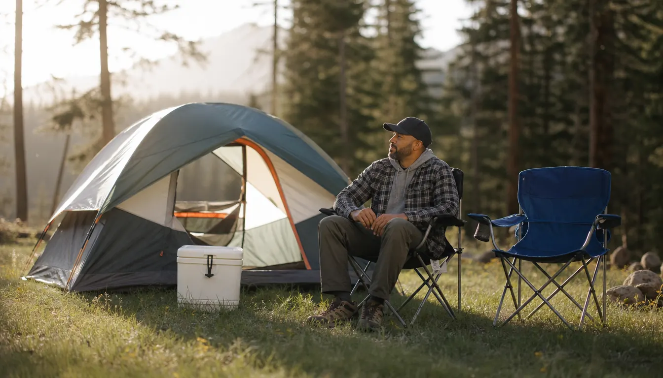 A dome tent set up on a grassy campsite with a cooler and camp chairs outside
