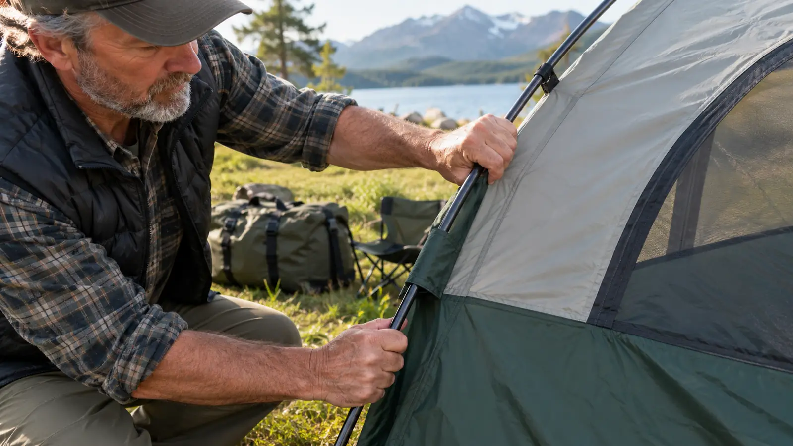 Hands guiding a tent pole through the sleeve of a dome tent at a grassy campsite