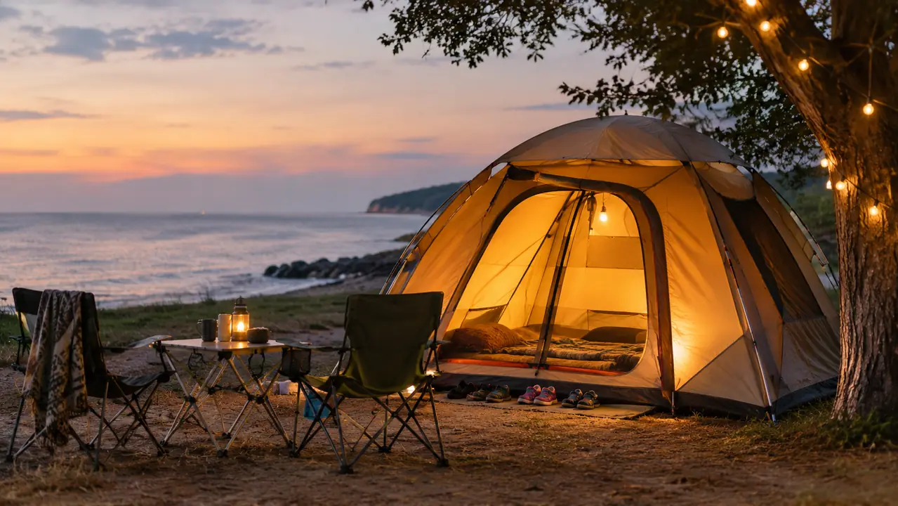 A dome tent glowing from inside at dusk, camp chairs and a lantern in front