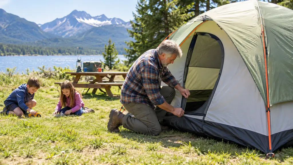An older man kneeling by the door of a dome tent while children play nearby at a campsite
