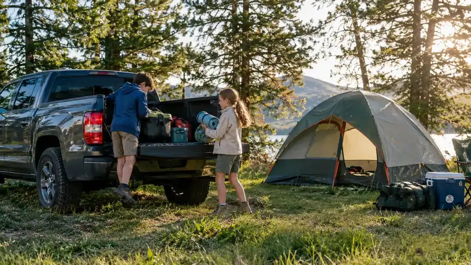 A pickup truck parked beside a campsite with a dome tent set up and children unloading gear
