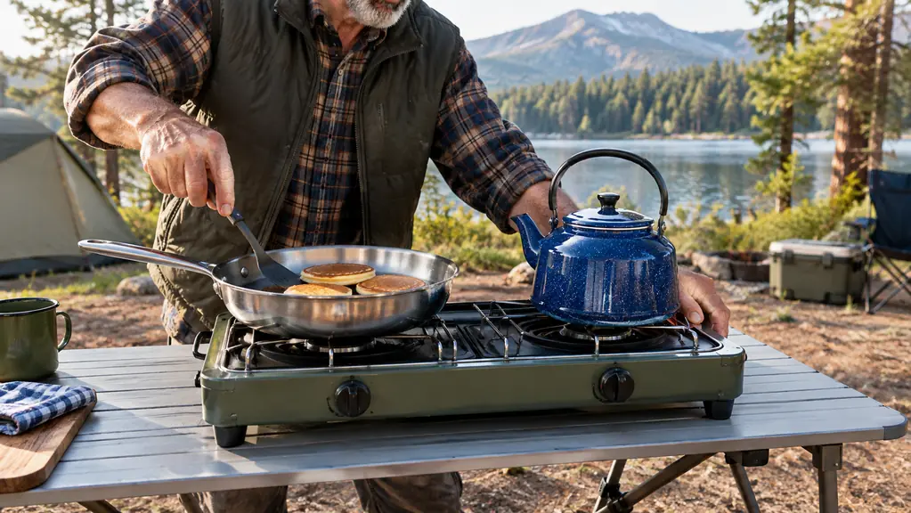 A two-burner camping stove on a folding table, a pan with pancakes on one burner and a kettle on the other