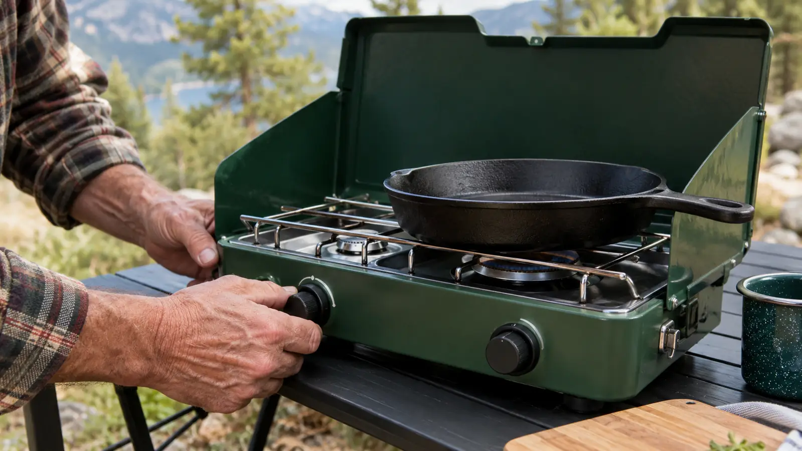 Close view of an older man's hands turning a knob on the two-burner camping stove while a skillet cooks on the grate
