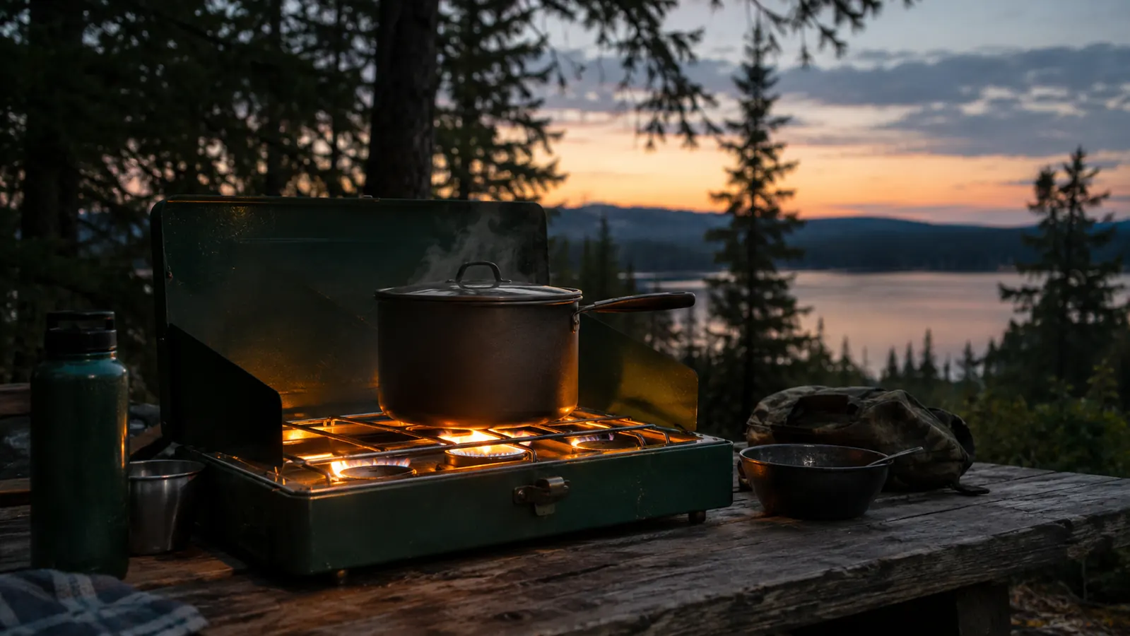 Evening campsite scene with the two-burner camping stove glowing under a pot on a picnic table, treeline and dusk sky behind