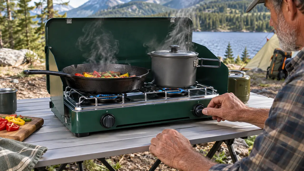 A two-burner propane stove on a folding table with a large skillet on one burner and a pot on the other