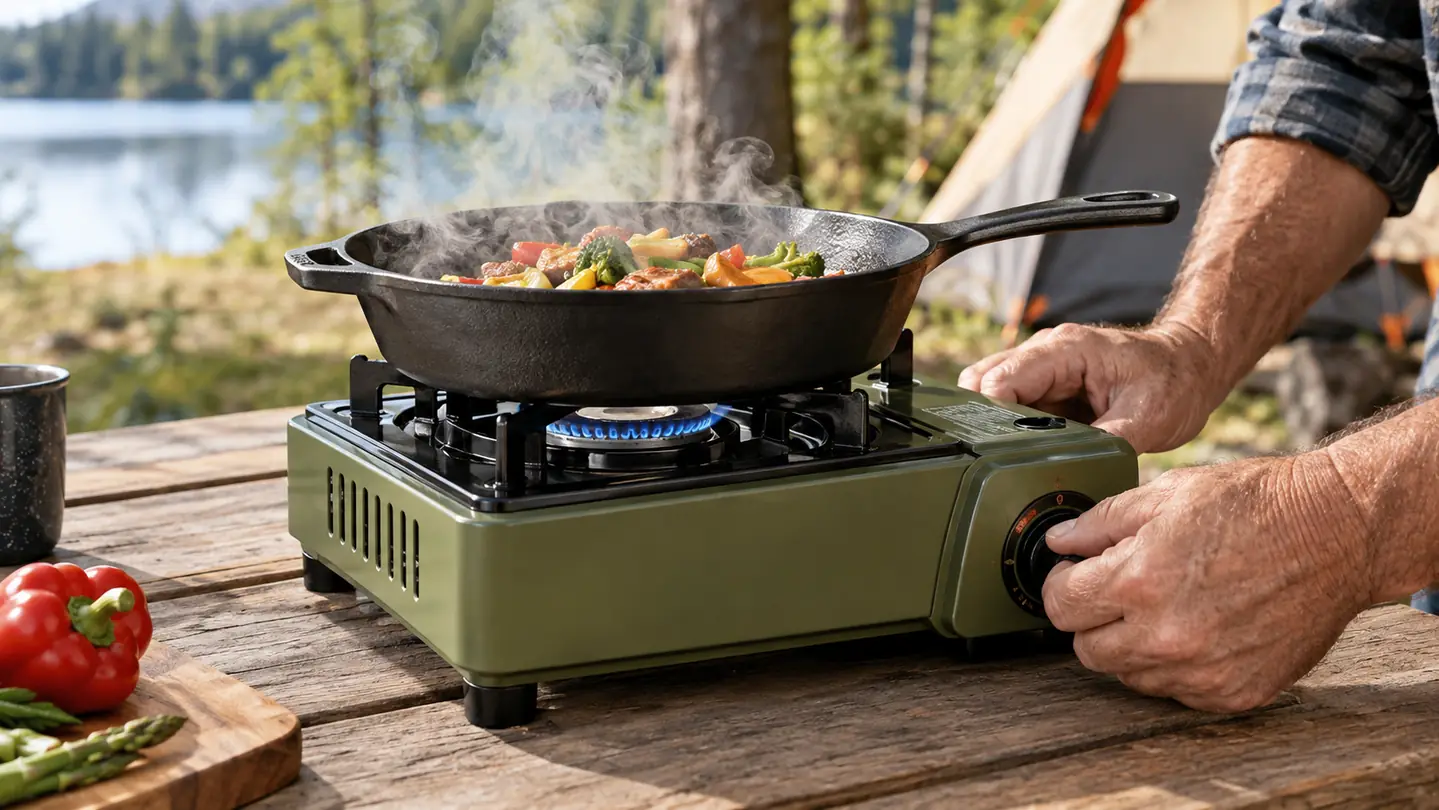 A propane camp stove on a picnic table with a skillet on top and steam rising.