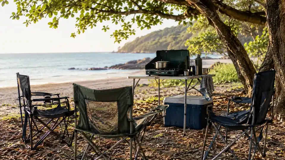 A camp kitchen setup under a shade tree with a stove on a folding table and camp chairs nearby.