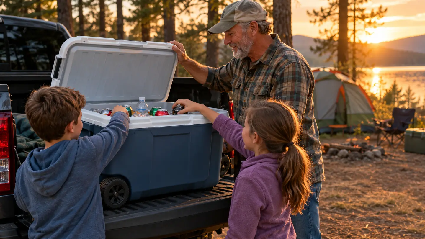 An older man opens a wheeled cooler on the tailgate of a pickup truck at a campsite while kids reach in for cold drinks.
