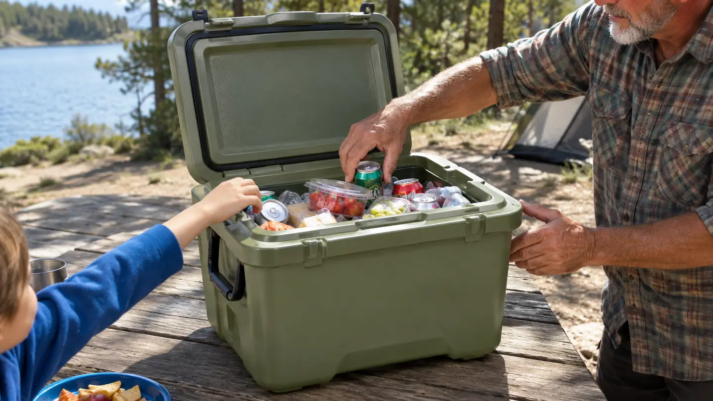 A large wheeled cooler with its lid open on a campsite table, showing food and drinks inside