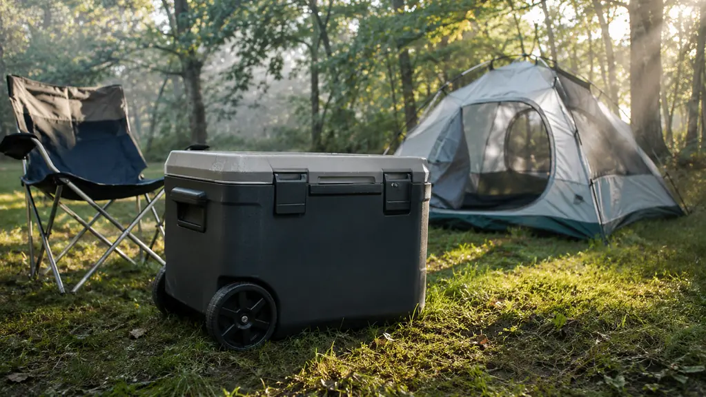 A large wheeled cooler on a grassy campsite with a folded camp chair and a small tent behind it