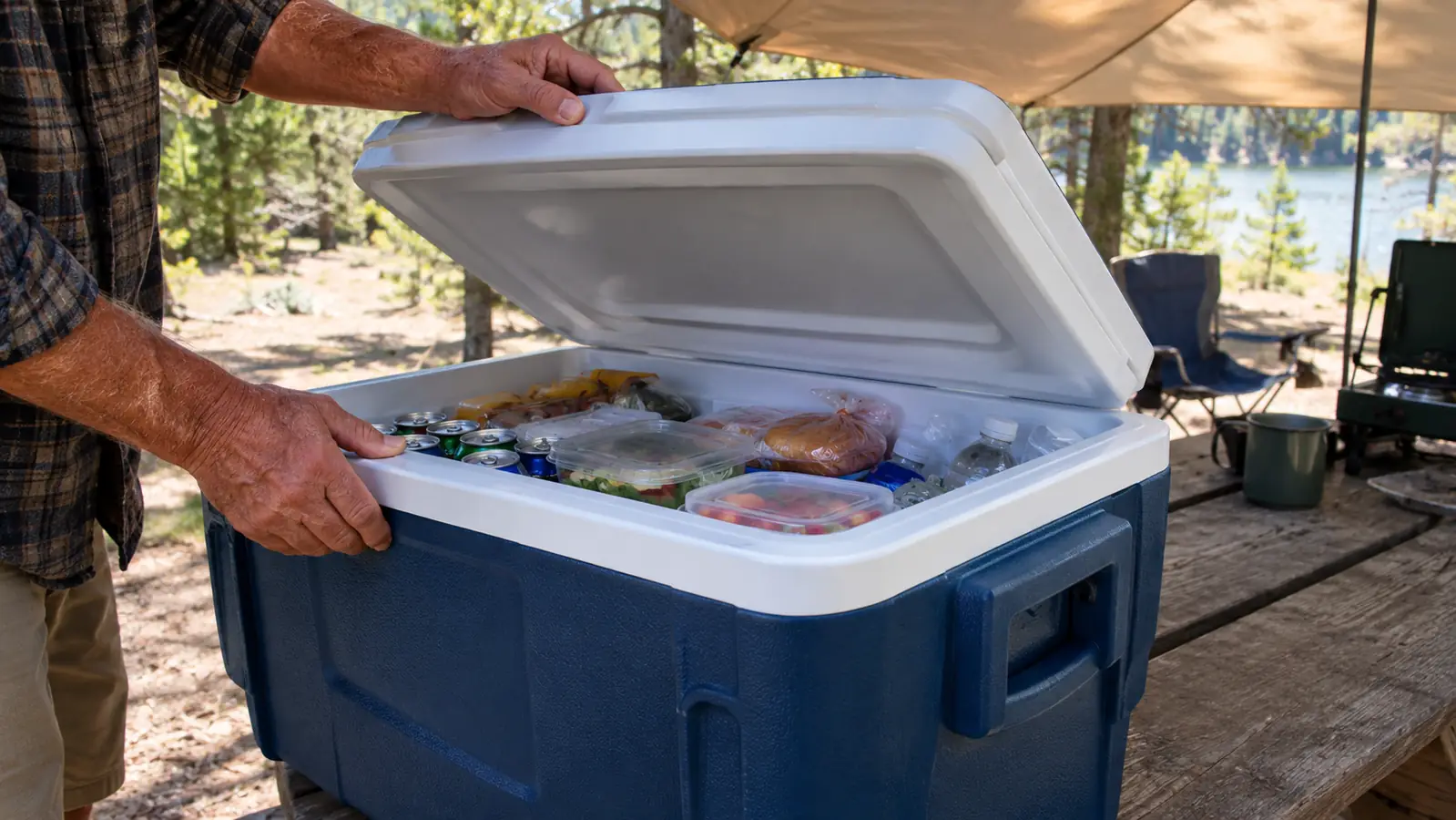 An older man's hands opening the lid of a wheeled cooler packed with drinks and food containers at a campsite