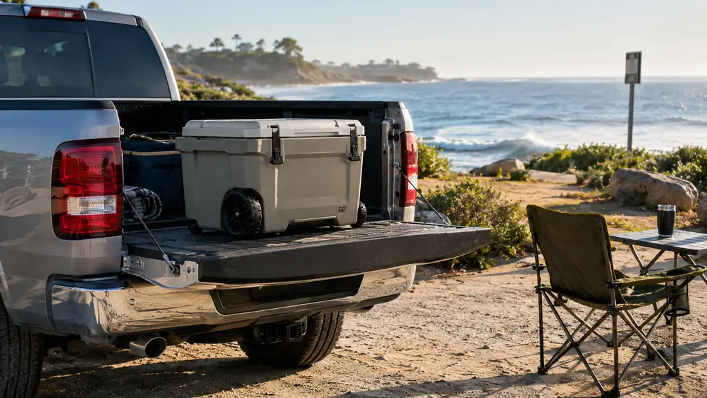 A wheeled cooler on the tailgate of a silver pickup truck at a beach park, with a camp chair and a small table beside it