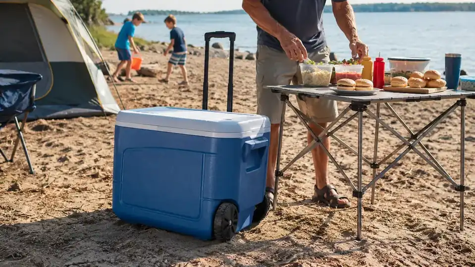 A large wheeled cooler with a telescoping handle sitting on the sand next to a camp table with food and drinks