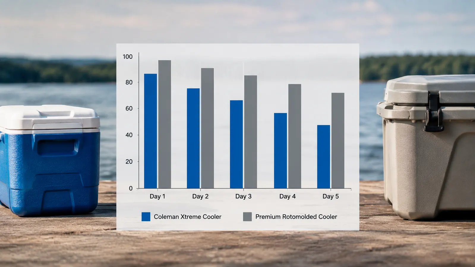 A chart comparing ice retention of a Coleman Xtreme cooler and a premium rotomolded cooler over five days