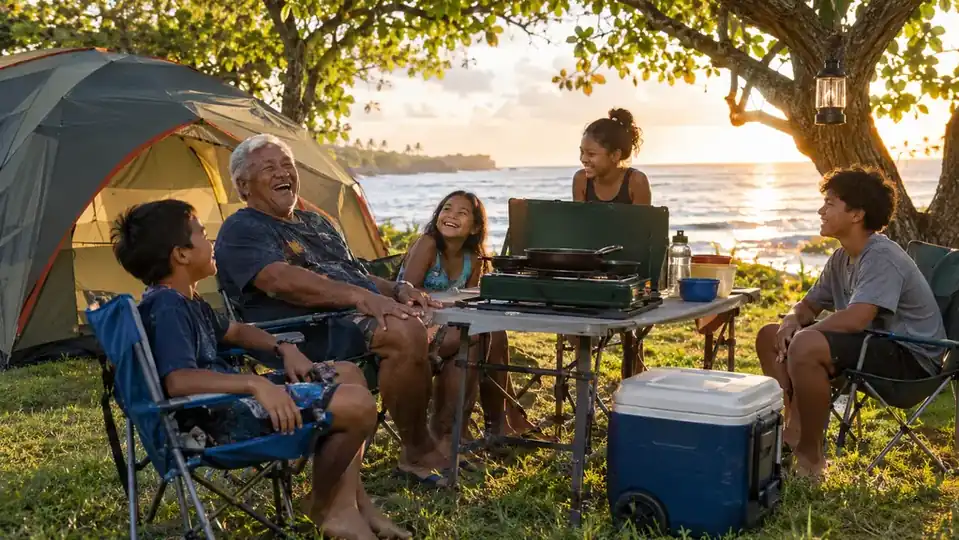A family campsite at golden hour with a dome tent, padded camp chairs, a camp stove, a rolling cooler and a lantern, with grandkids gathered around