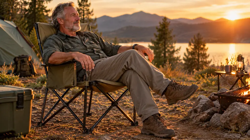 An older man relaxing in a padded camp chair at a campsite, book in hand.