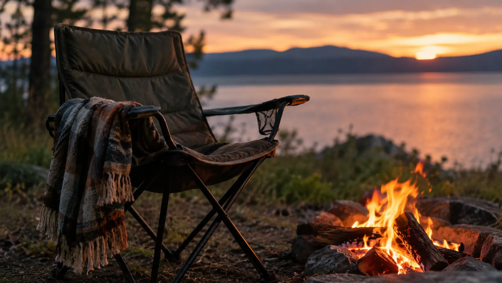 Padded camp chair beside a small campfire with a blanket over the armrest, evening light.