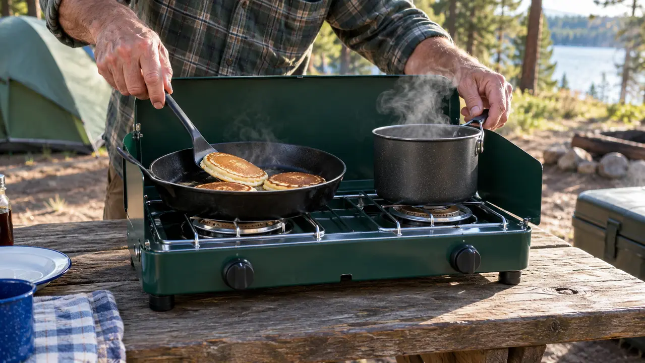 Two-burner camp stove with a skillet of pancakes cooking on a picnic table at a campsite