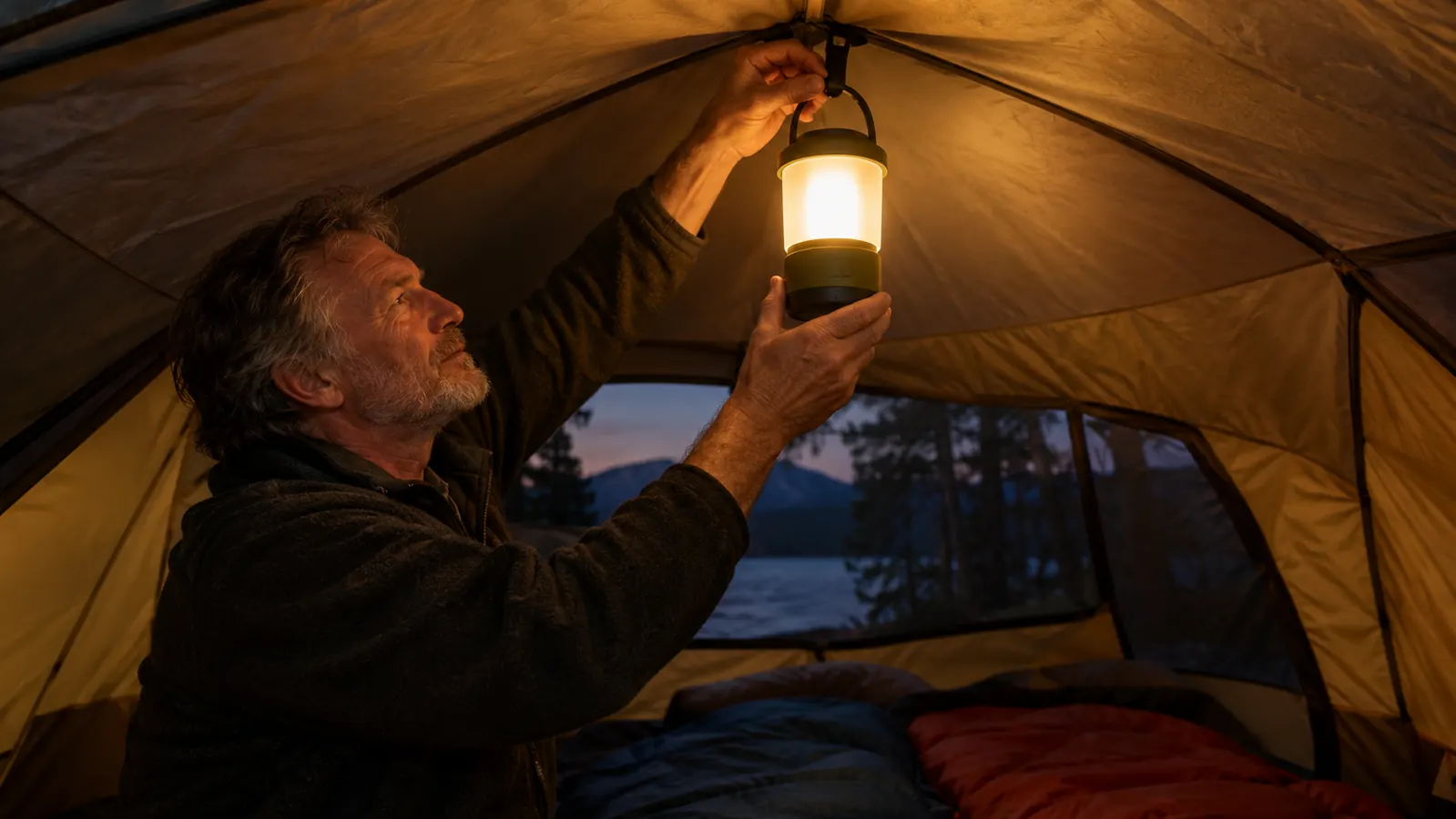 A camping lantern hanging inside a tent, glowing low over sleeping bags