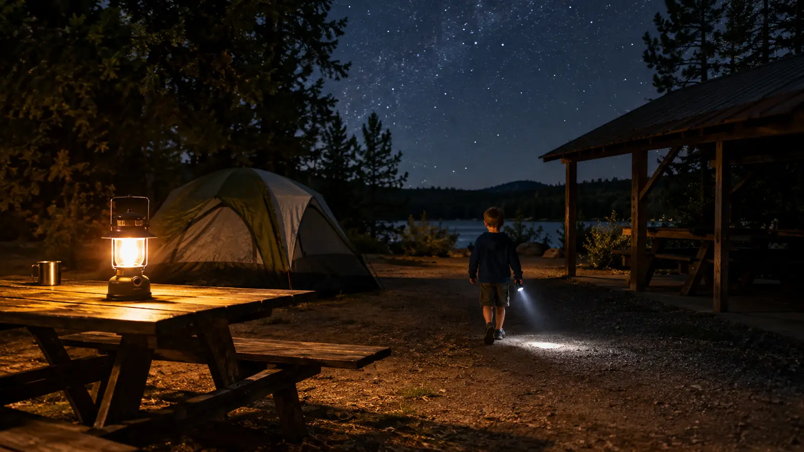A camping lantern lighting a campsite path at night while a child walks with a flashlight