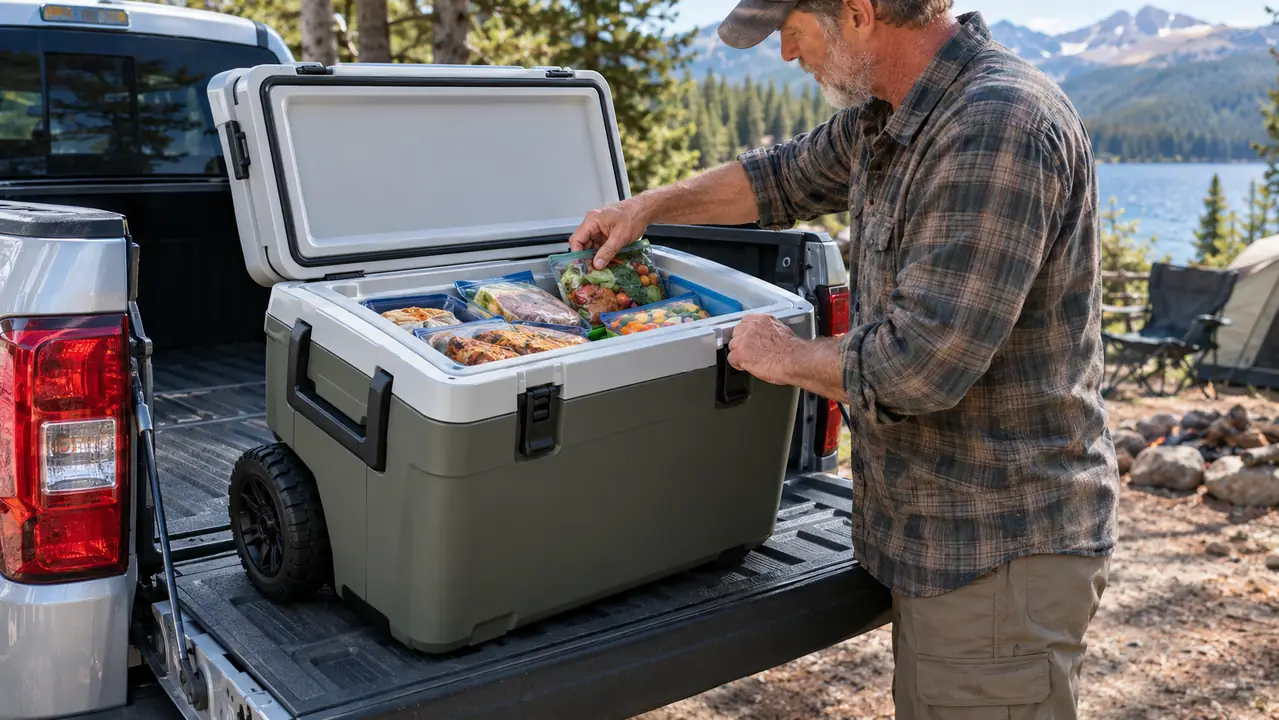 A wheeled hard cooler sitting open on the tailgate of a pickup truck, meals packed in labeled bags inside