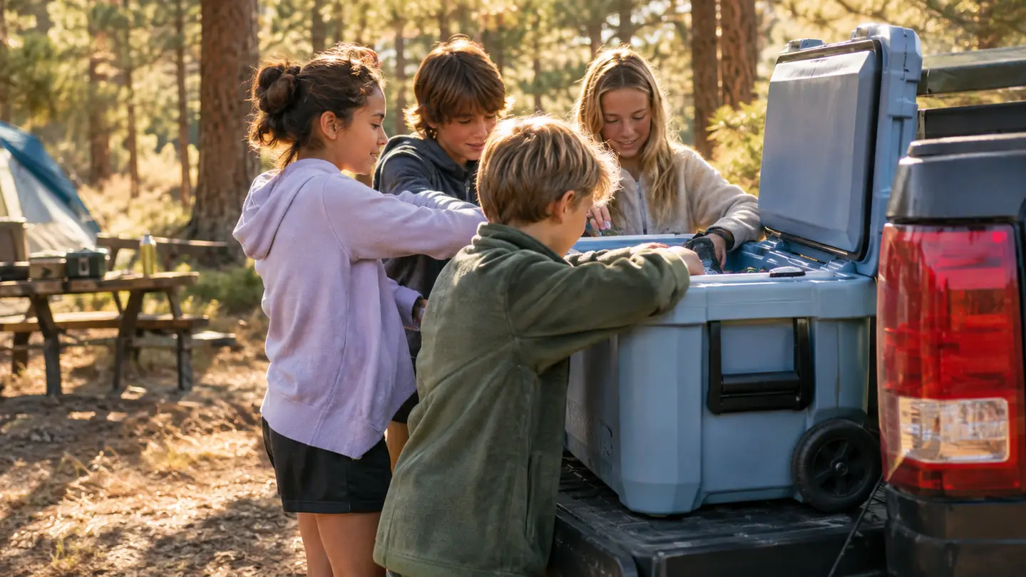 Kids reaching into an open wheeled cooler on the tailgate of a pickup truck at a campsite in the afternoon
