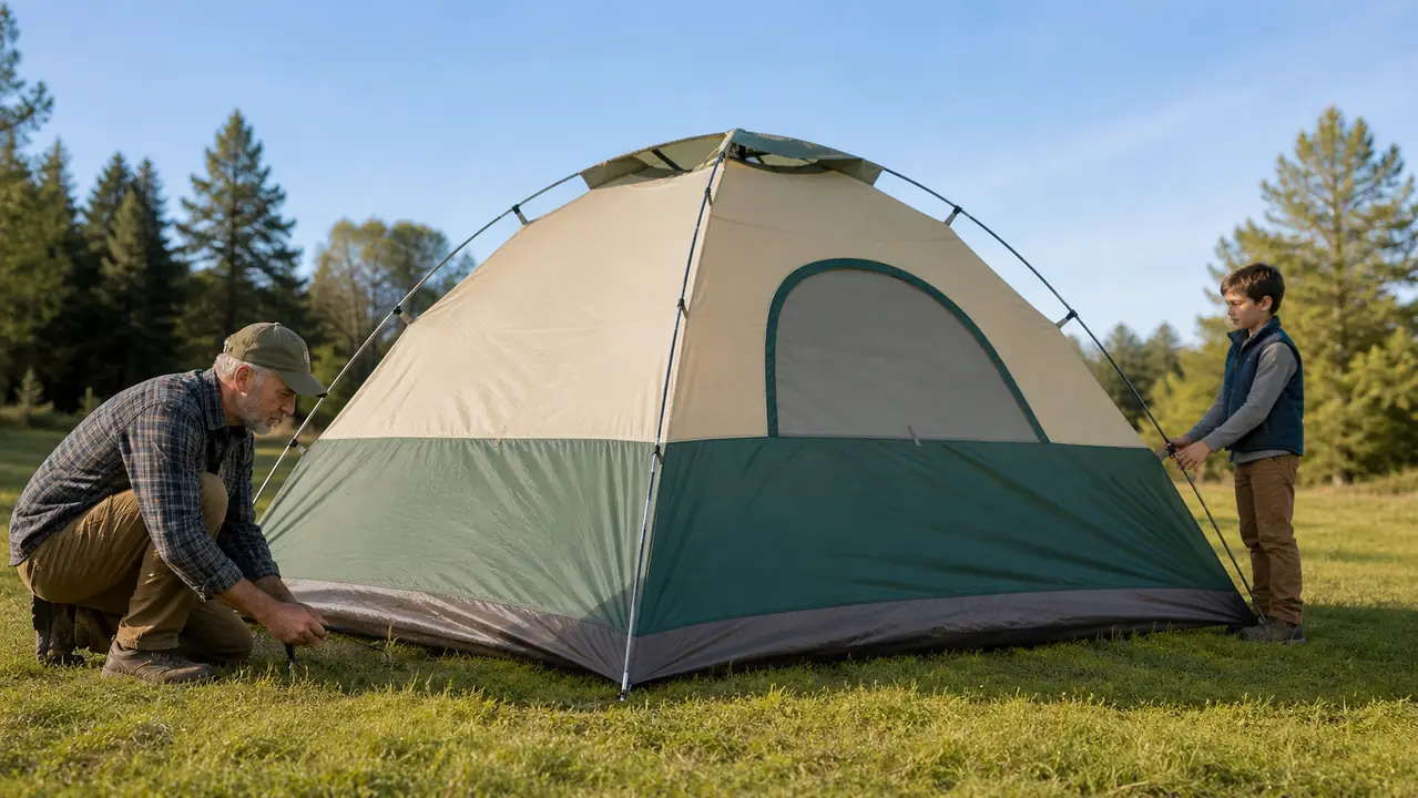 A large dome tent half set up on a campsite with a child holding one corner of the pole while an older man guides the other side