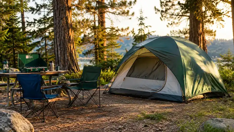 A dome tent fully set up on a campsite with a picnic table and chairs in front of it