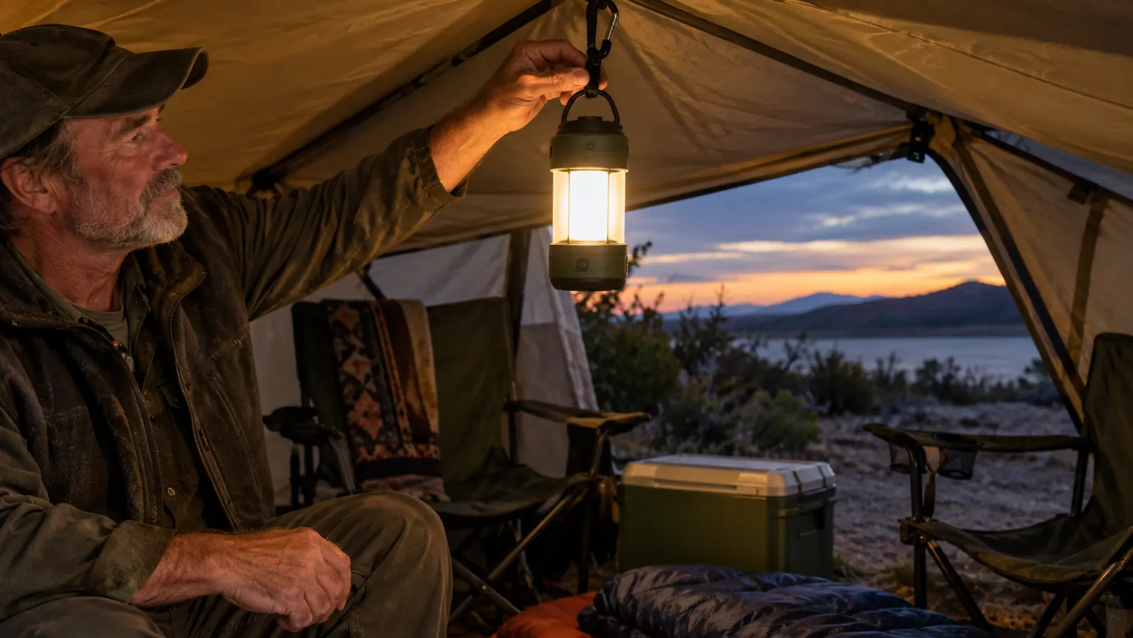 A rechargeable LED camping lantern hanging from a hook inside a tent, casting warm light on camp chairs and a cooler